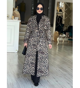 SCUBA LEOPAR BASKILI TRENCHCOAT (Kahverengi)