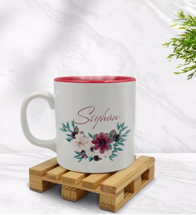 BK Gift Kişiye Özel Çiçek Tasarımlı İçi Kırmızı Renkli Kupa Bardak Model 25