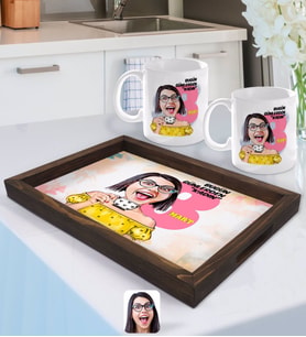BK Gift Kişiye Özel Kadınlar Günü Karikatürlü Doğal Ahşap Tepsi ve 2’li Kupa Bardak Seti-2