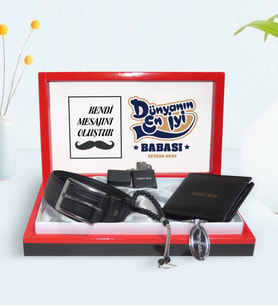 BK Gift Kişiye Özel Dünyanın En İyi Babası Tasarımlı Mesajlı Kutuda Cüzdan Kemer Çakmak Tespih ve Anahtarlık Hediye Seti-2
