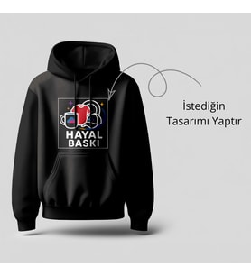 Hayal Baskı Kişiye Özel İsim Baskılı Unisex Kapüşonlu Siyah Sweatshirt Hoodie