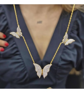 3 lü Kelebek Gold Kaplama 925 Ayar Gümüş Kolye (Karışık)