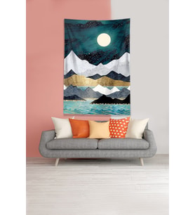 Mavi-Beyaz Ay Tutulması Leke Tutmaz Kadife Kumaş Duvar Örtüsü Duvar Halısı Tapestry