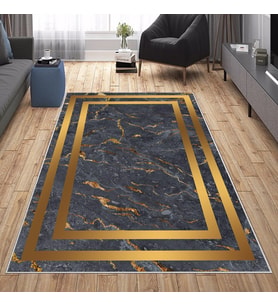 Gri Desenli Gold Detaylı Yıkanabilir Kaymaz Taban Leke Tutmaz Modern Salon Halısı ve Yolluk (Turuncu)