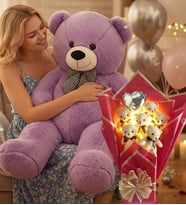 90 Cm Peluş Ayı ve LED Işıklı Romantik Balonlu Sütlü Kahve Ayıcık Buketi Anneler Günü Doğüm Günü Hediyesi (Lila)