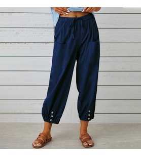 Keten Günlük Pantolon Beli Lastikli Bağcıklı (Lacivert)