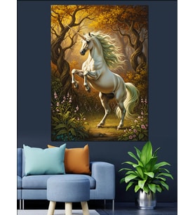 Ormanda Beyaz Unicorn At Dekoratif Kanvas - Mdf Ahşap Tablo