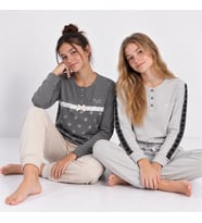 Genç Kadın Pamuklu Yakası Düğmeli Uzun Kollu Cepli Hediyelik 2 Adet 2'li Alt Üst Pijama Takımı AL507 V2, AL506 V2 BB2456