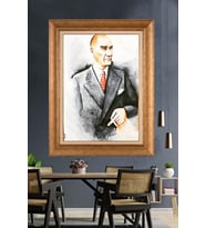 Altın Varaklı Çerçeveli Paspartulu Atatürk Tablo nh133 (Gold)