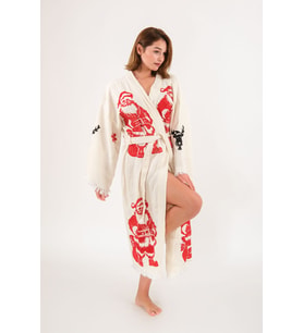 Christmas Müslin Kimono %100 Pamuklu Yılbaşı Baskılı Desenli Bornoz Kaftan Sabahlık (Ekru)