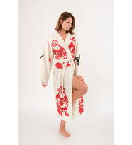 Christmas Müslin Kimono %100 Pamuklu Yılbaşı Baskılı Desenli Bornoz Kaftan Sabahlık (Ekru)