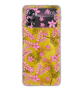 Xiaomi Poco X4 Pro Kamera Korumalı Kapak Floral Pembe Tasarımlı Şeffaf Kılıf