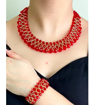 Kristal Taşlı Türk El Yapımı Gerdanlık Model Kolye ve Bilezik Set (Kırmızı)