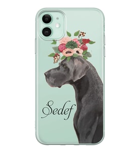 Apple Çiçekli Köpek Tasarımlı Şeffaf Telefon Kılıfı