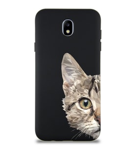 Samsung Galaxy J7 Pro Uyumlu Lansman Kılıf Catface Tasarımlı İçi Kadife Kapak-Siyah (Şeffaf)