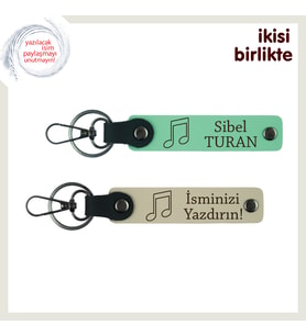 Müzik Kulübü Üyesine Özel Hediyelik, İsim Yazılabilir Nota Temalı Anahtarlık Takımı, A Yeşil-S Kahve