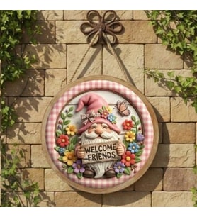 Çiçekli "Welcome Friends" Pembe Pötikare Çerçeveli Rustik Duvar ve Kapı Süsü