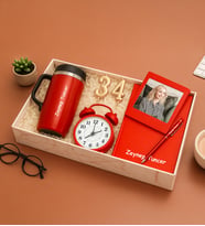 Kişiye Özel Fotoğraflı Çerçeve,Defter,Kalem,Masa Saati,Mum Rakamlar Ve Termos Hediye Seti (Beyaz)