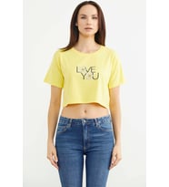 Oversize Baskılı Crop Tişört - Sarı