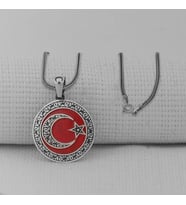 Gravur İşlemeli  Ay Yıldız 925 Ayar Gümüş Erkek Kolye