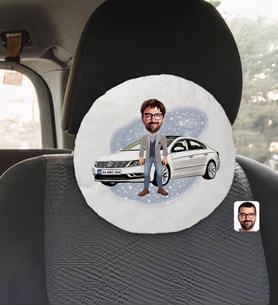 BK Gift Kişiye Özel Plakalı Erkek Volkswagen Passat Karikatürlü Yuvarlak Araç Koltuk Yastığı-1
