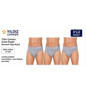 Yıldız Çamaşır Erkek Modal Likralı Kemerli Slip Külot (65-66-67)- 3 Adet