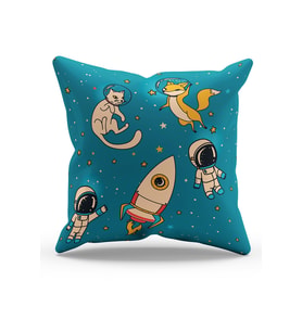 Moud's Çift Tarafı Baskılı Astronot Kedi Ve Tilki Desenli Süet Kırlent Kılıfı