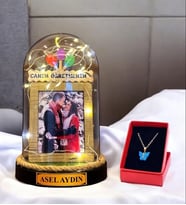 Kişiye Özel Tasarım Led Işıklı Fanus  Kelebek Kolyeli CANIM ÖĞRETMENİM Temalı