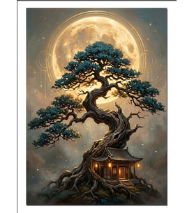 Dolunaylı Bonsai Ağaç Ev Gece Dekoratif Kanvas - Mdf Ahşap Tablo
