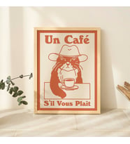 Fransız Kafe Kedi Baskısı, Retro İçecek Posteri, Kovboy Kedi Kahve Posterleri, Un Cafe Sil Vous Plait