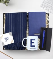 Kişiye Özel Lacivert Defter & Harf Kupa & Lacivert Erkek Şal & Kutulu Mavi Touch Pen Kalem Hediye Seti