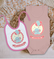 BK Kids Kişiye Özel İsimli Pembe %100 Pamuklu Askılı Sıfır Kol Bebek Body Zıbın ve Mama Önlüğü Hediye Seti-3