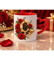 AION CASA Ç Harfli Kırmızı Gül Desenli Kalp Kulplu Kupa Bardak 325 ml