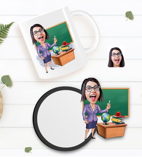 BK Gift Kişiye Özel Kadın Öğretmen Karikatürlü Beyaz Kupa ve Ahşap Bardak Altlığı Hediye Seti-1