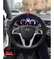 Hyundai Accent Blue Dikme Direksiyon Kılıfı Alcantara Süet Mat Karbon Kırmızı Yüzük ve Dikiş 2011-2019