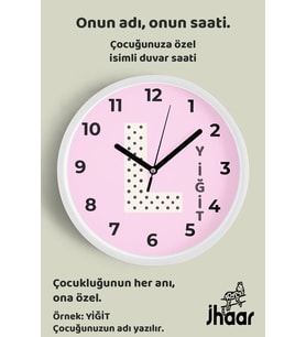 İsme Özel L Harfli Pembe Çocuk Odası Duvar Saati Orta Boy 30 cm Beyaz Camlı Sessiz
