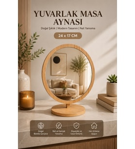 Ahşap Görünümlü Yuvarlak Masaüstü Makyaj aynası - Dekoratif Ayaklı Kozmetik ve Bakım Aynası Banyo, Makyaj Masası Kullanımı