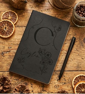 Kişiye Özel Çiçekli C Harfli Defter Doğum Günü Hediyesi (Siyah)