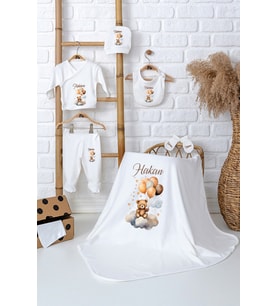 Pia Baby Premium %100 Pamuk İsim Yazılı Bebek Hastane Çıkışı Battaniyeli Bebek Hediye Seti 5063-04 (Ekru)