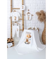 Pia Baby Premium %100 Pamuk İsim Yazılı Bebek Hastane Çıkışı Battaniyeli Bebek Hediye Seti 5063-04 (Ekru)