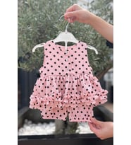 Büzgü Fırfırlı Kız Çocuk Bebek Alt Üst Pembe Puantiyeli Takım