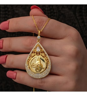 Gold Tuğralı Zirkon Taşlı 925 Ayar Gümüş Kadın Kolye
