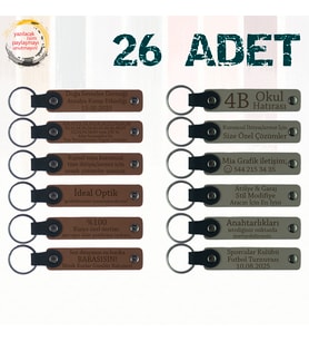A Kahve & Kül Gri, Sınıf Öğretmeninden Dönem Sonu Anısı, 26’lı Set, İsim Yazılabilen Deri Anahtarlık