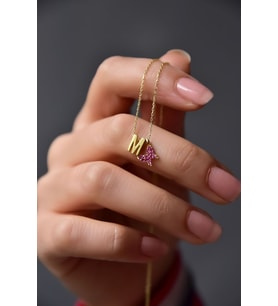 925 Ayar Gümüş Gold Kaplama Harf, Minimal Fuşya Zirkon Taşlı Kelebek Kolye
