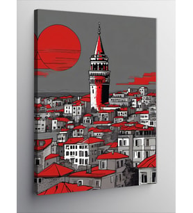 Kanvas Tablo Günbatımı Galata Kulesi Çizimi