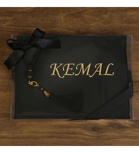 İsme Özel Hediyelik Kabe Seccade Siyah-Gold & İnci Tesbih
