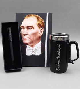 Kişiye Özel Kulplu 280ml Siyah Renk Çelik Termos & Mustafa Kemal Atatürk Baskılı Defter & Siyah Mat Roller Kalem Hediye Seti