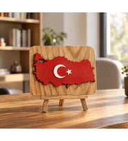 Türkiye Haritası Ahşap Tablo Türk Bayraklı – Şövaleli Dekoratif Masa Süsü ve Anlamlı Hediye