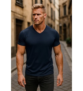 Erkek %100 Pamuk Kısa Kollu Lacivert T-shirt V Yaka Basic Erkek Tişört