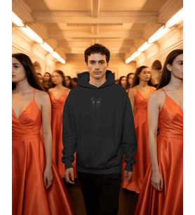Siyah Kedi Kedili Hoodie Unisex %100 Pamuk  Siyah Kapüşonlu Sweatshirt Göğüs Ortası Minimal Logo